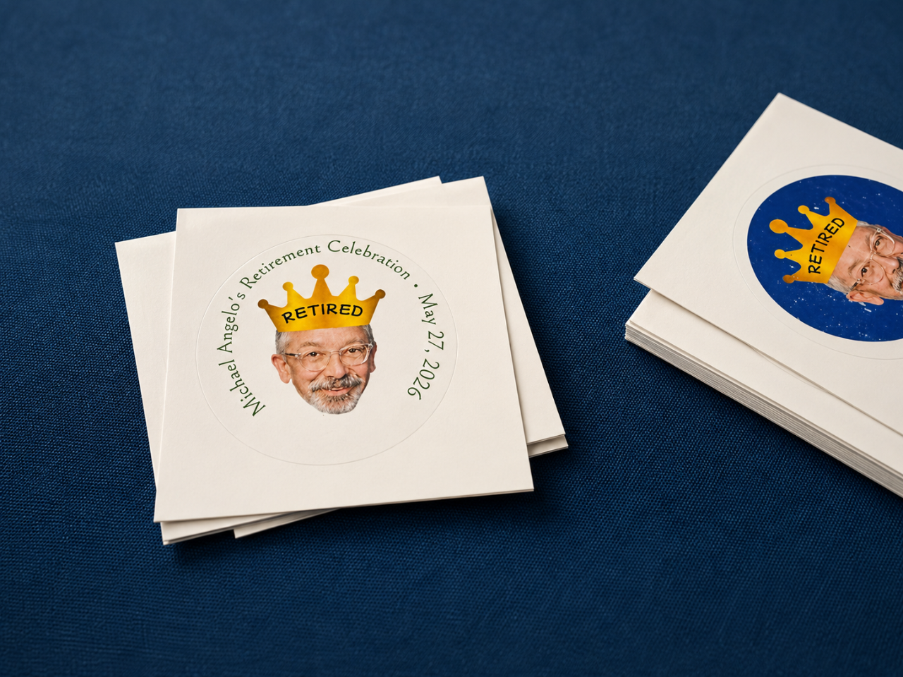 This image shows stickers given out at F. Michael Angelo's retirement ceremony in May 2026.