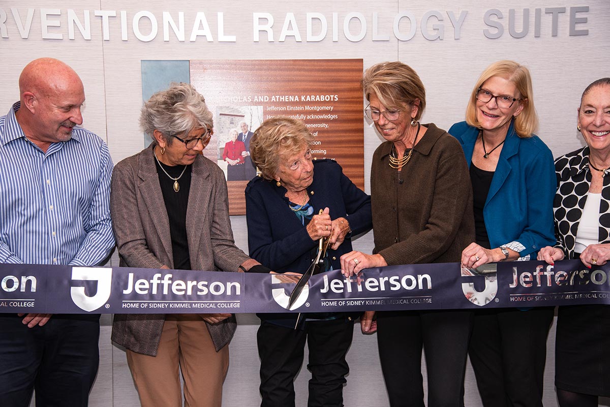 This image shows the ribbon cutting at the Nicholas and Athena Karabots Diagnostic Center and Interventional Radiology Suite.