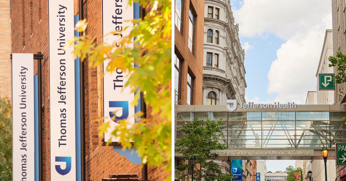 This image shows a banner reading Thomas Jefferson University and bridge that reads Jefferson Health.