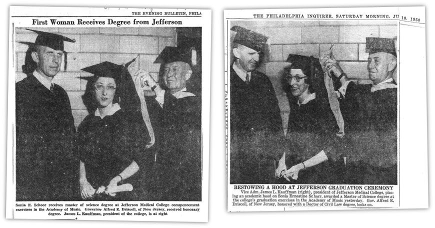 Clippings from The Philadelphia Inquirer and The Evening Bulletin showing photographs of Sonia at commencement