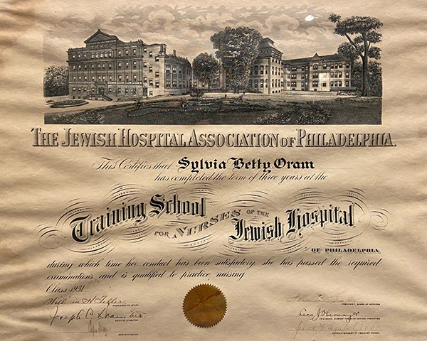 Sylvia’s diploma from 1931 from The Jewish Hospital Association of Philadelphia, cerifying her nursing school completion