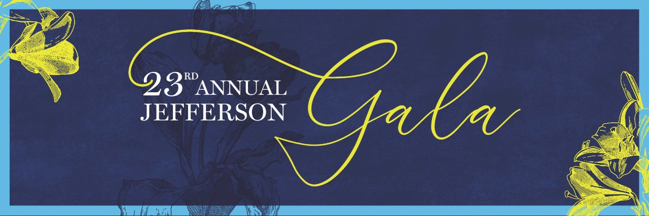 This image shows a navy blue banner with the words 23rd annual Jefferson Gala in stylized font.