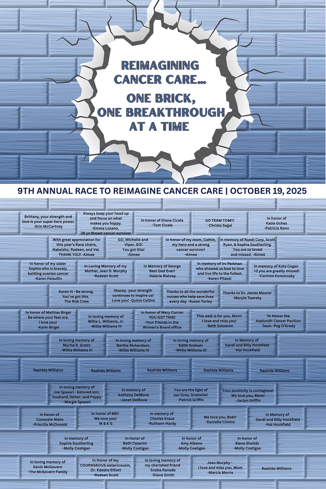 This image shows engraved memorial bricks for the Race to Reimagine Cancer Care.