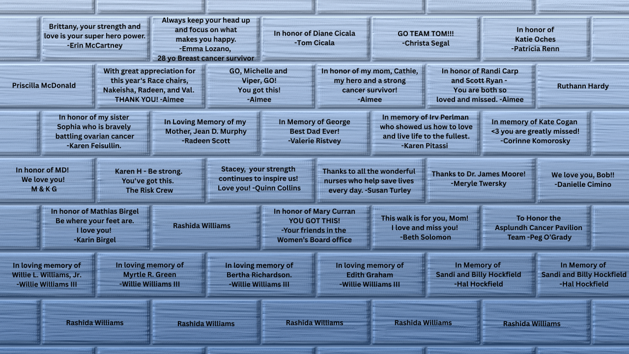 This image shows engraved memorial bricks for the Race to Reimagine Cancer Care.