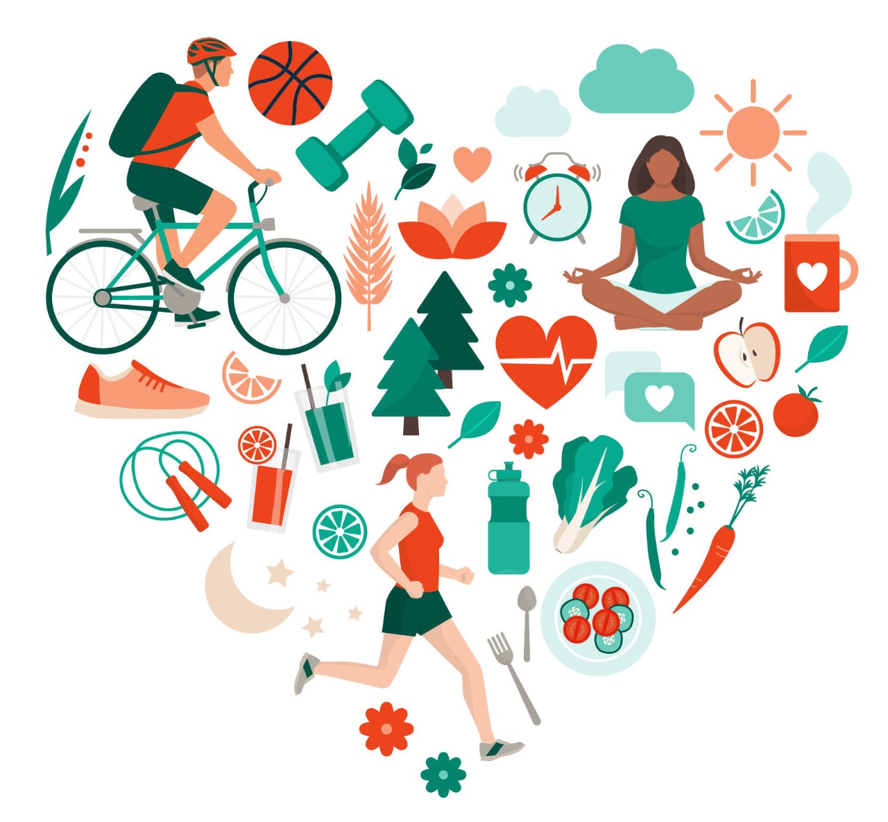 Healthy lifestyle and self-care concept with food, sports and nature icons arranged in a heart shape