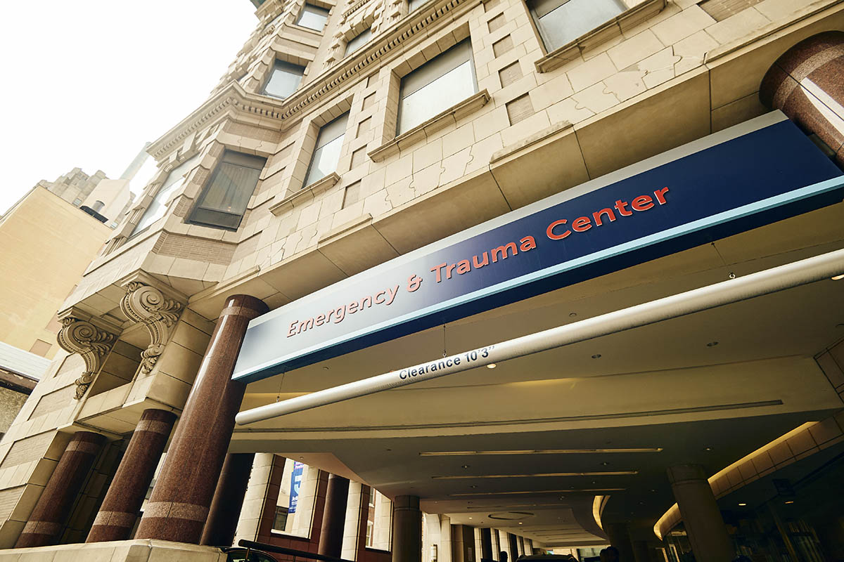 This image shows the entrance to the Thomas Jefferson University Hospital emergency and trauma center.