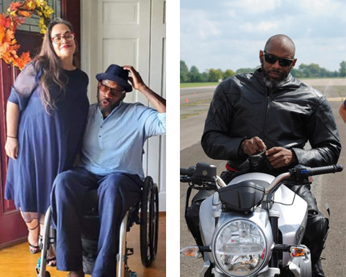 This image shows Delano Turnipseed with Shelley in the left and him sitting on a motorcycle on the right.