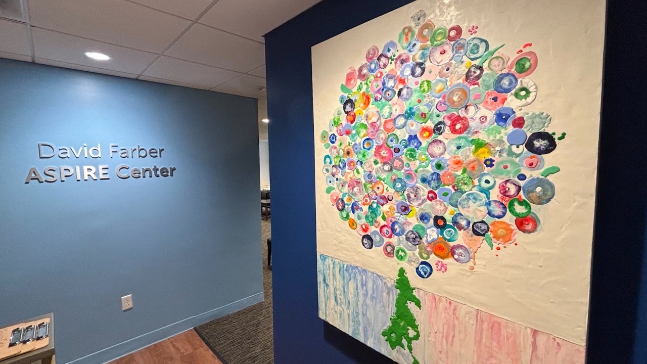 This image shows a photo of Karen Holloway's tree of tears painting inside the David Farber ASPIRE Center.
